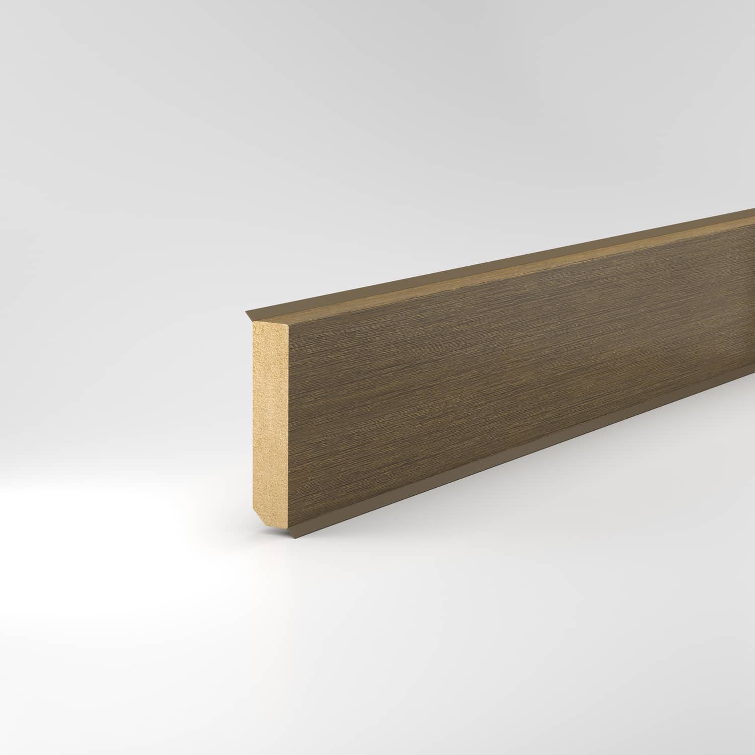 Sockelleiste Oberkante gerade feuchtehemmend 12x60x2500 mm, in MDF, Optik Bronze, mit Dichtlippe Sockelleiste Oberkante gerade feuchtehemmend 12x60x2500 mm, in MDF, Optik Bronze, mit Dichtlippe
