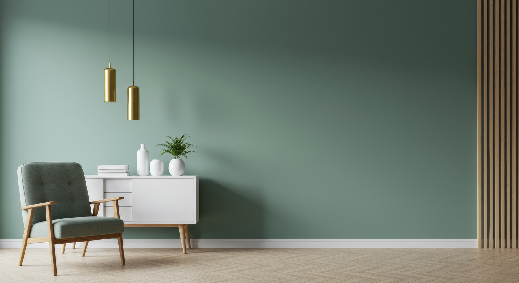 Moderner Raum mit Holzboden und weißer Sockelleiste MDF oder Holz