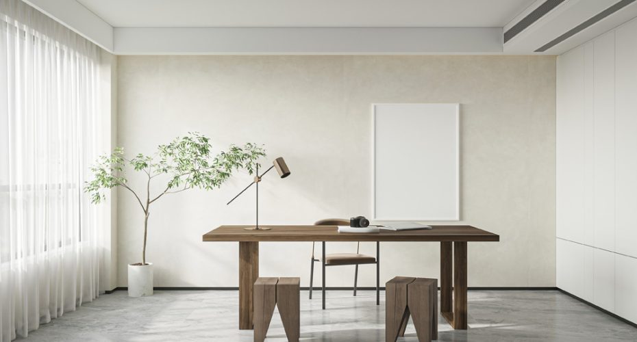 Puristisches Arbeitszimmer grauem Boden und niedrigen schwarzen Sockelleisten MDF