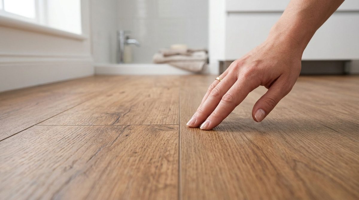 Hand berührt Vinylboden, daneben Feuchtraumlaminat im Badezimmer.