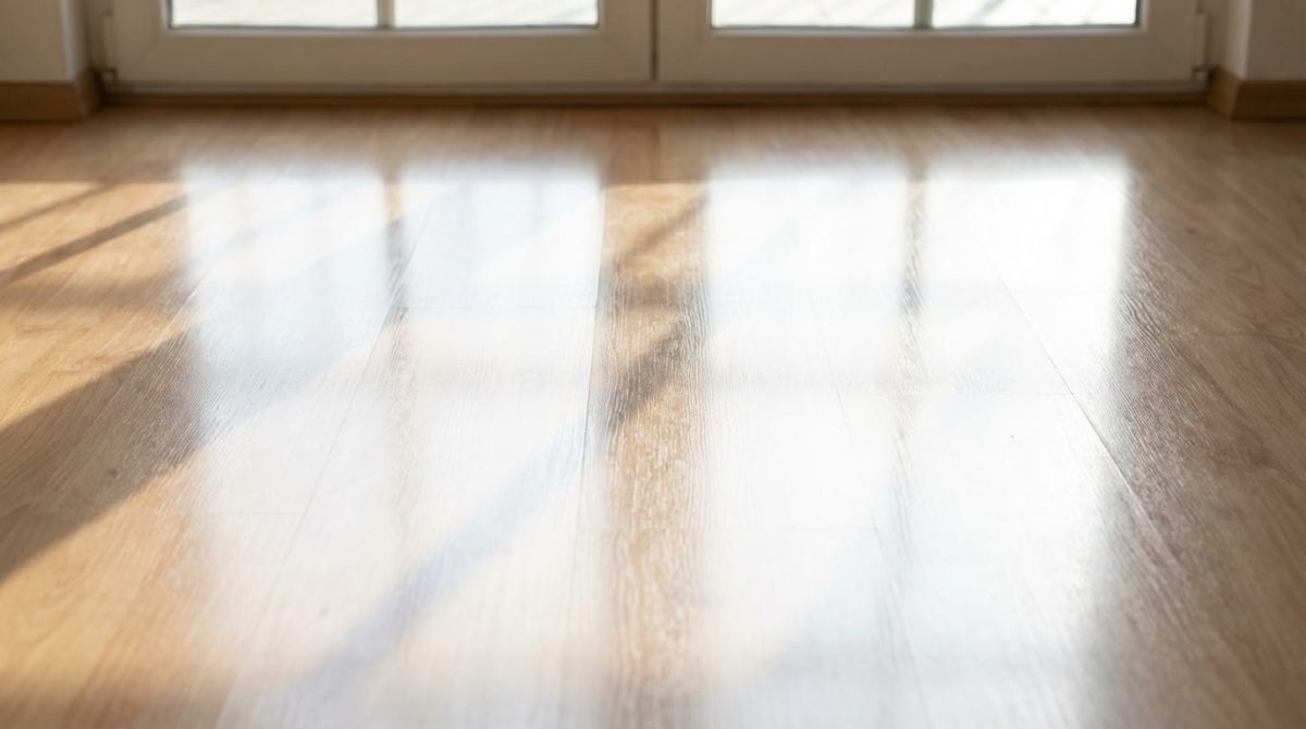 Sonnenlicht reflektiert auf hellem Laminatboden.